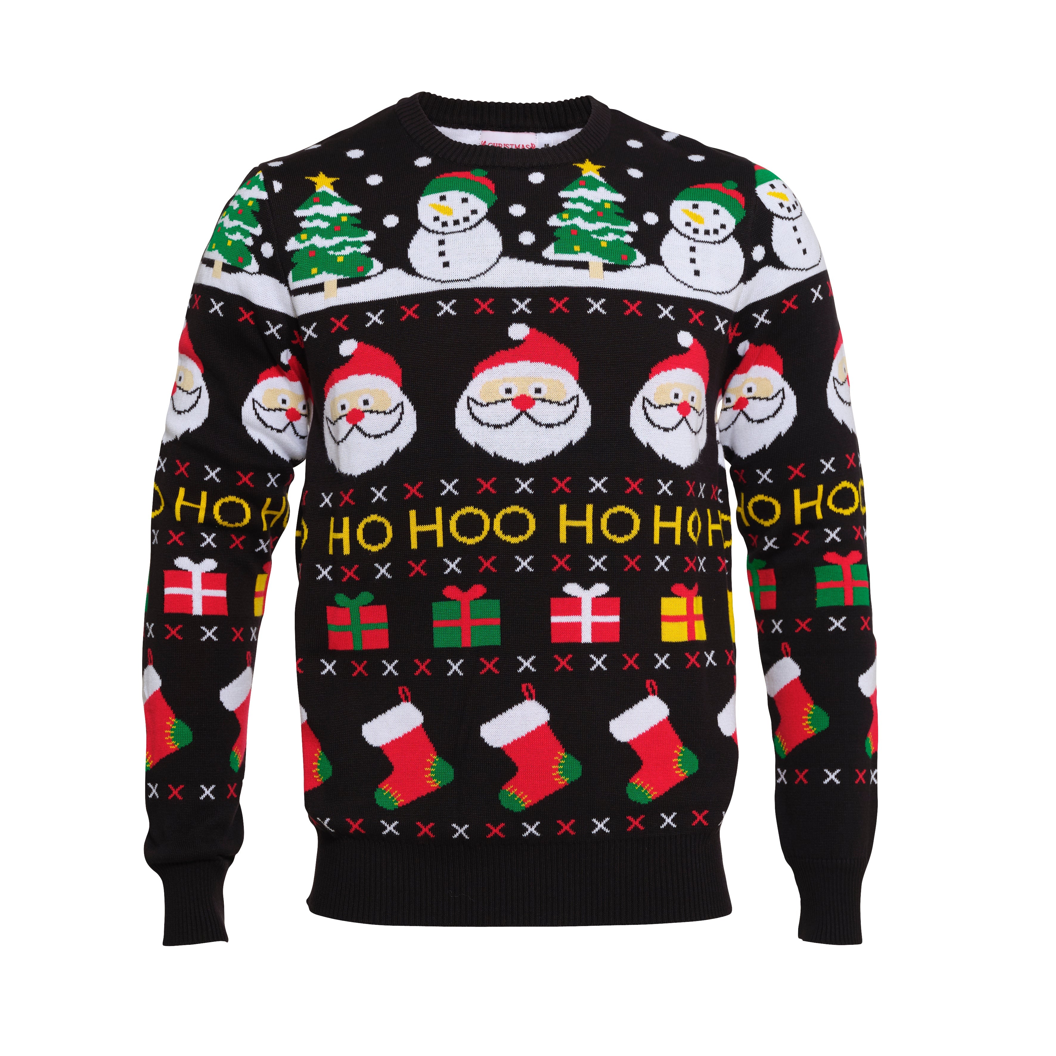 En sort julesweater med snemÊnd, julemÊnd og gaver pÄ.