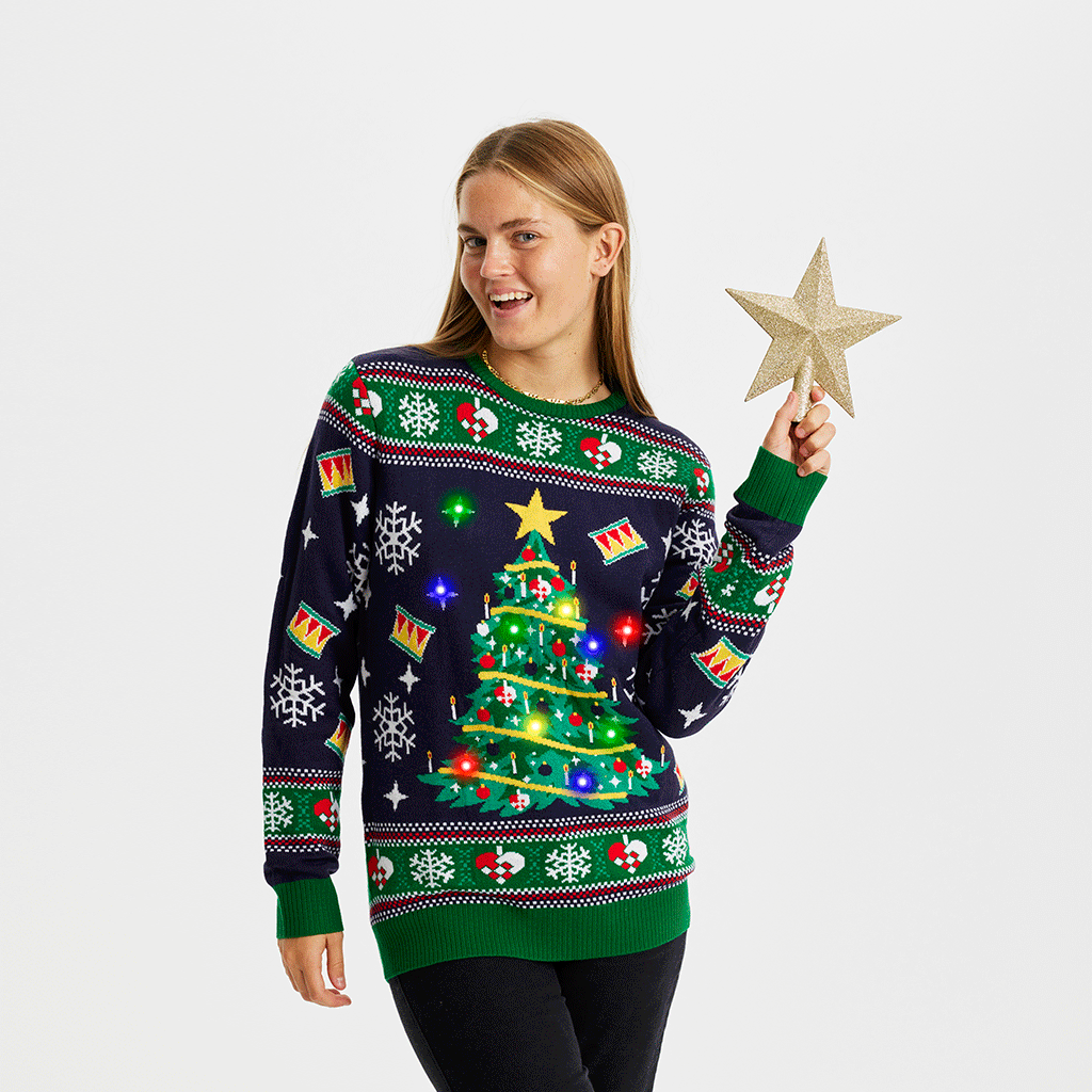 Weihnachtspulli Mit Weihnachtsbaum LED Navy - Damen