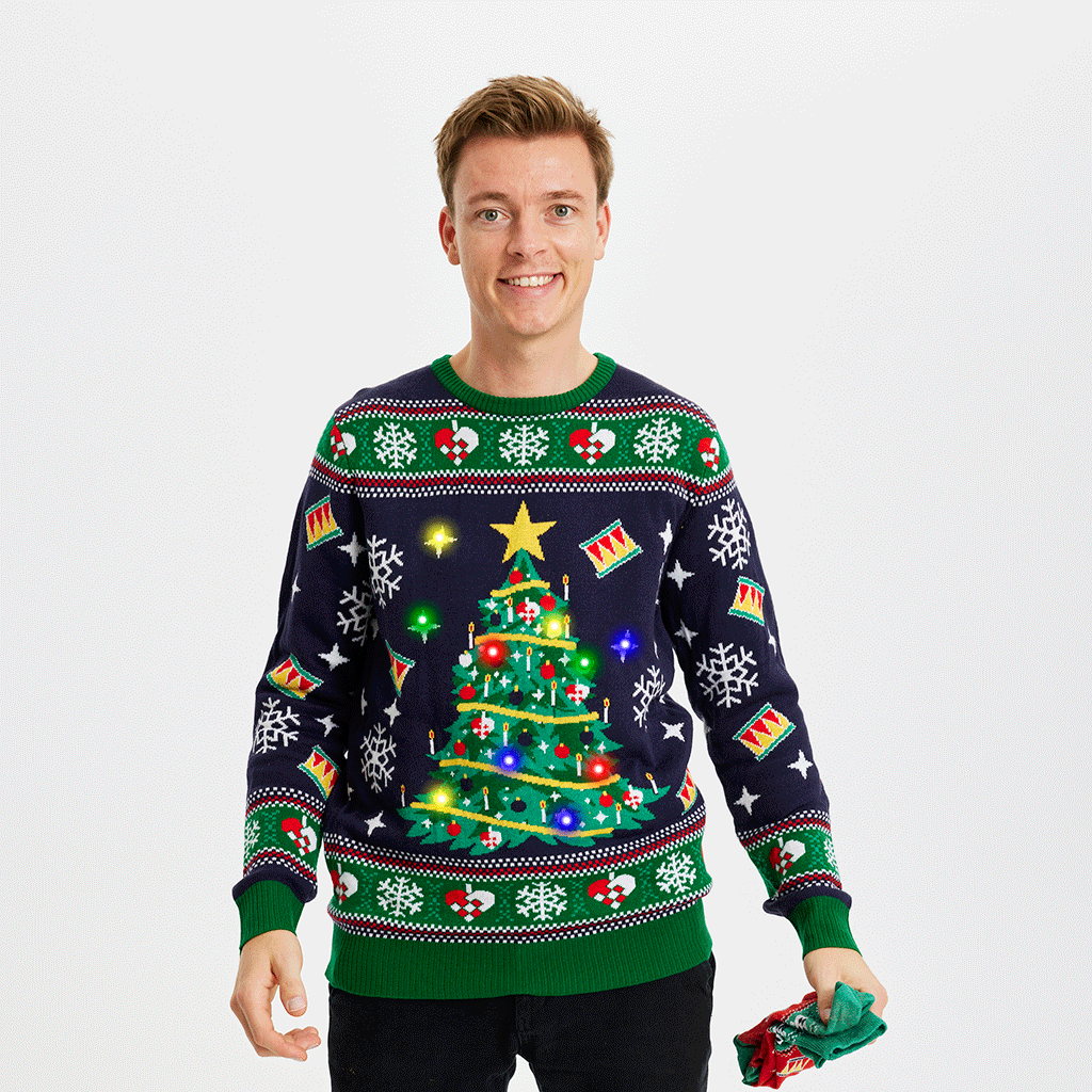 Weihnachtspulli Mit Weihnachtsbaum LED Navy - Damen